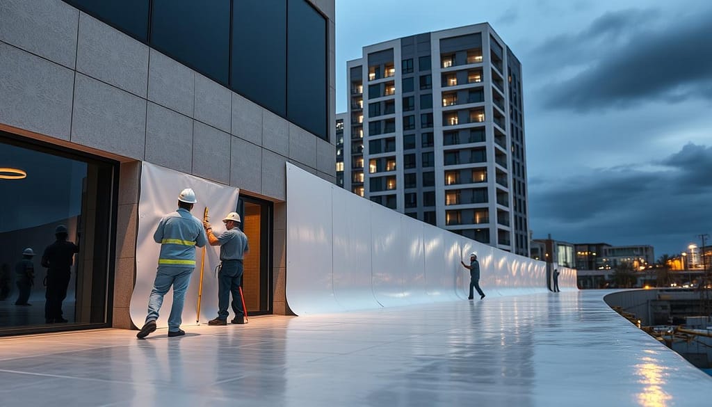 Um edifício comercial profissional submetido a um tratamento de impermeabilização de alta qualidade. Em primeiro plano, uma equipe de técnicos especializados aplica cuidadosamente um sistema de membrana sem emendas nas paredes externas, garantindo uma barreira robusta e durável contra a infiltração de água. O plano central demonstra o meticuloso trabalho de preparação, com superfícies meticulosamente limpas e preparadas para ótima aderência. Ao fundo, a arquitetura do edifício se destaca, com sua integridade estrutural reforçada pela solução abrangente de impermeabilização. Uma iluminação suave e direcional ilumina o cenário, destacando a precisão e a expertise do processo de impermeabilização. A atmosfera geral transmite uma sensação de profissionalismo, atenção aos detalhes e o compromisso em fornecer uma solução de impermeabilização duradoura e de alta qualidade.