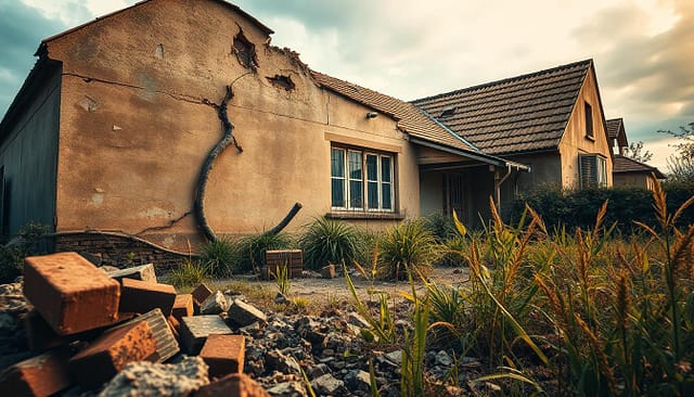 A dilapidated house with visible cracks and crumbling walls, surrounded by a neglected yard overgrown with weeds. The scene is bathed in warm, golden light, creating a sense of decay and abandonment. The foreground features loose construction materials, such as bricks and mortar, suggesting poor workmanship or the use of low-quality materials. In the middle ground, a broken window and sagging roof tiles hint at structural issues. The background depicts a cloudy, somber sky, adding to the gloomy atmosphere. The overall composition conveys a sense of concern and the need for immediate attention to address the underlying problems in this aging, poorly constructed home.