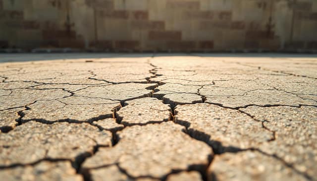 Detailed thermal differential expansion patterns on weathered concrete surface. Close-up view of intricate cracking and fissuring in the foreground, captured with a high-resolution macro lens. Warm, natural lighting illuminates the textured material, emphasizing the depth and complexity of the fractures. The middle ground features a gradual transition towards a more uniform, weathered backdrop, allowing the unique cracking formation to be the central focus. Convey a sense of technical analysis and diagnostic inspection of the differential movement-induced damage.