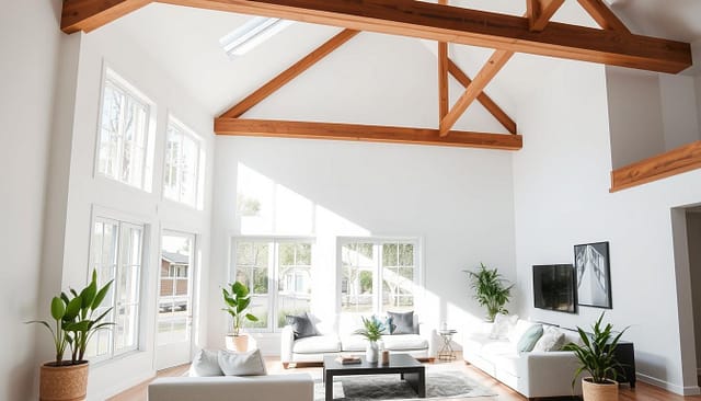 Detailed architectural interior showcasing the results of moisture treatment in a residential home. A bright, airy living room with clean, modern furnishings, exposed wooden beams, and large windows allowing natural light to flood the space. The walls are free of any visible signs of mold or water damage, displaying a crisp, freshly painted finish. Potted plants and decorative accents add a touch of life and warmth to the scene. The overall atmosphere conveys a sense of cleanliness, comfort, and successful restoration, reflecting the hard-won battle against household humidity.