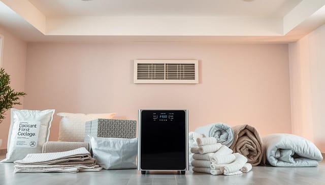 A well-lit interior space, showcasing various moisture-prevention solutions. In the foreground, a dehumidifier unit stands prominently, its sleek design and digital display highlighting its advanced features. Surrounding it, an array of absorbent materials, such as silica gel packets and moisture-wicking fabrics, neatly arranged to demonstrate their practical applications. In the middle ground, a wall-mounted ventilation system, its vents strategically positioned to promote airflow and reduce humidity levels. The background depicts a clean, minimalist room, with warm lighting accentuating the neutral color palette and the subtle textures of the building materials, conveying a sense of control and professionalism in tackling the issue of moisture.