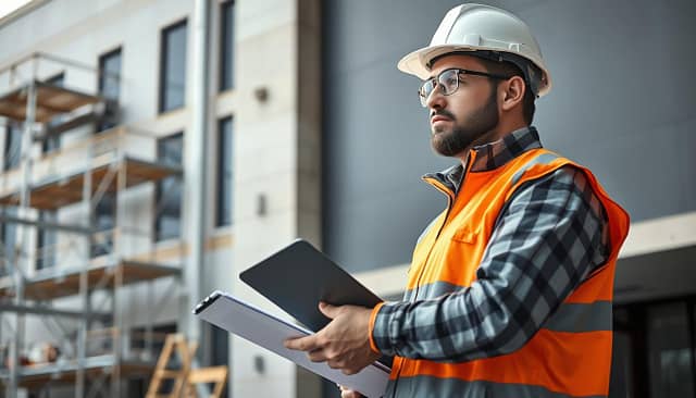A professional specialist in waterproofing systems, wearing a hard hat and safety vest, stands in front of a commercial or industrial building. The person is examining a wall, holding a clipboard and surveying the structure with a critical eye. The background features scaffolding, construction equipment, and the partially visible facade of the building, conveying an active work site. Soft, directional lighting highlights the specialist's face and hands, creating a sense of focused attention and expertise. The overall scene evokes a sense of technical proficiency, diligence, and the importance of proper waterproofing for building integrity and safety.