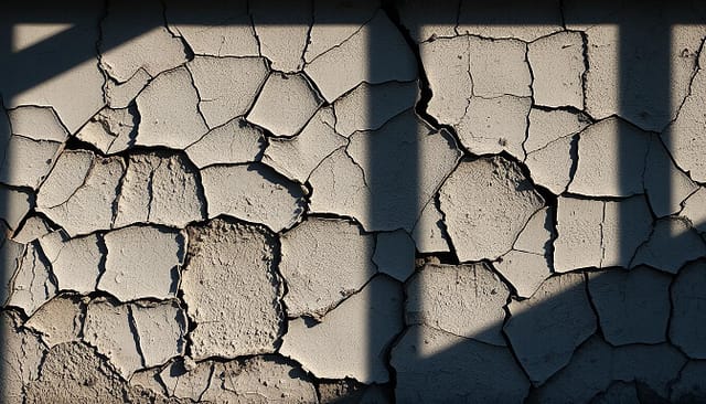 A dilapidated wall, its surface cracked and weathered, revealing the underlying concrete beneath. Jagged fissures, some thin and hairline, others wide and gaping, stretch across the expanse, casting shadows that accentuate the depth and texture of the damage. The lighting is harsh, casting dramatic chiaroscuro effects that highlight the imperfections, evoking a sense of neglect and the passage of time. The overall scene conveys a sense of disrepair, prompting the viewer to consider the potential causes and implications of such extensive wall damage.