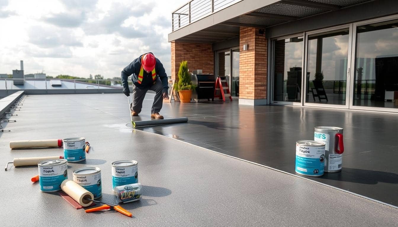 A well-lit, detailed scene showcasing the process of waterproofing a flat roof or terrace. In the foreground, workers carefully apply a liquid sealant or membrane across the surface, ensuring a seamless and watertight finish. In the middle ground, various waterproofing tools and materials are displayed, such as rollers, brushes, and cans of specialized coatings. The background depicts the exterior of a modern building, emphasizing the importance of proper roof maintenance and protection against leaks and moisture infiltration. The scene conveys a sense of professionalism, attention to detail, and the technical expertise required for effective waterproofing solutions.