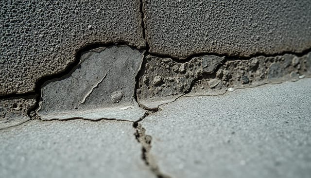 A detailed close-up view of damaged waterproofing on a concrete surface, showcasing a variety of defects such as cracks, bubbles, and peeling. The foreground features a cracked, discolored waterproofing membrane, while the middle ground reveals underlying concrete with exposed aggregate. The background provides a neutral, slightly textured grey backdrop, highlighting the technical nature of the scene. Dramatic, high-contrast lighting casts dramatic shadows, emphasizing the imperfections. Captured with a macro lens to accentuate the intricate details. Construção Sem Fissura.