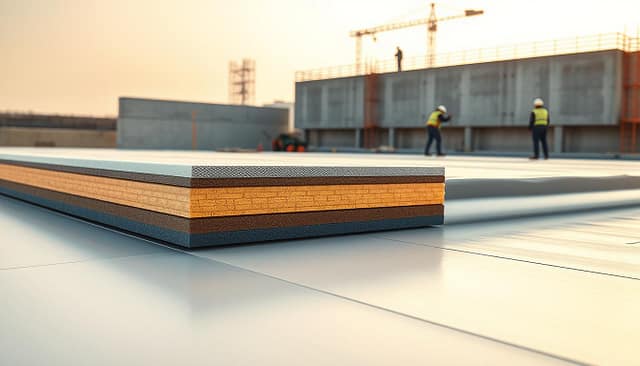 A panoramic view of modern waterproofing systems. In the foreground, a sleek membrane with a smooth, seamless surface, reflecting the light. In the middle ground, a cross-section reveals the layered construction, with a robust, high-performance insulation material sandwiched between the membrane and the underlying substrate. In the background, a construction site with workers applying the waterproofing system to a large concrete structure, showcasing the versatility and practicality of these modern solutions. The scene is bathed in warm, diffused lighting, creating a sense of quality and professionalism. The overall impression is one of cutting-edge technology, efficiency, and durability.