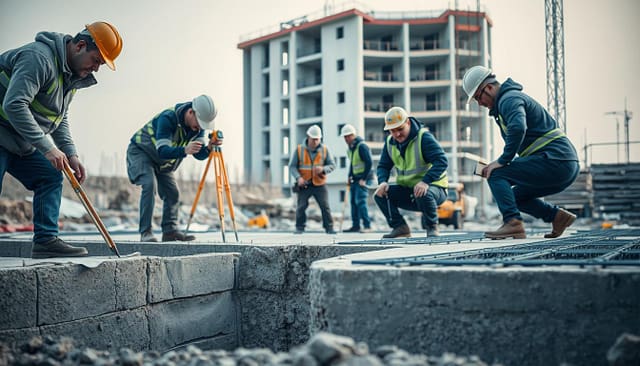 A modern construction site with an emphasis on preventing cracks and fissures. The foreground features a team of engineers and architects closely inspecting a newly poured concrete foundation, using specialized tools and measuring devices. The middle ground showcases the implementation of reinforcement techniques, such as steel rods and mesh, to strengthen the structure. In the background, a partially constructed building stands, its clean lines and precise angles hinting at the care taken during the construction process. The lighting is soft and diffused, creating a sense of realism and attention to detail. The overall atmosphere conveys a professional, technical, and preventative approach to new construction, ensuring the long-term integrity of the building.