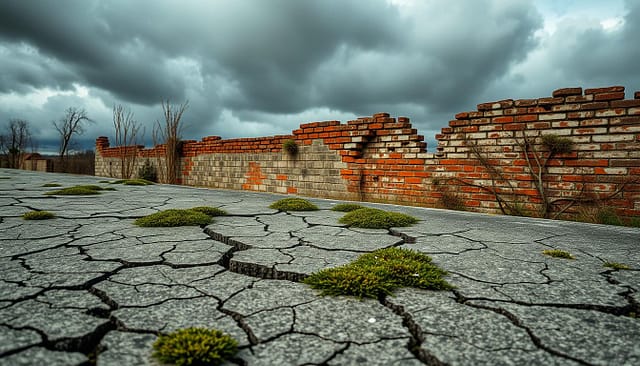 A detailed landscape depicting environmental factors that cause cracks in walls. In the foreground, weathered concrete surfaces feature intricate spider web-like patterns of cracks, with moss and lichen growing in the crevices. The middle ground showcases a dilapidated brick wall, its surface crumbling and splitting from the effects of freeze-thaw cycles, water infiltration, and plant growth. The background features a gloomy, overcast sky with heavy clouds, suggesting the damp, chilly conditions that exacerbate the degradation. The entire scene is rendered in a muted, earthy color palette, conveying the aged, neglected nature of the deteriorating structures. Dramatic low-angle lighting casts long shadows, heightening the sense of weathering and decay.