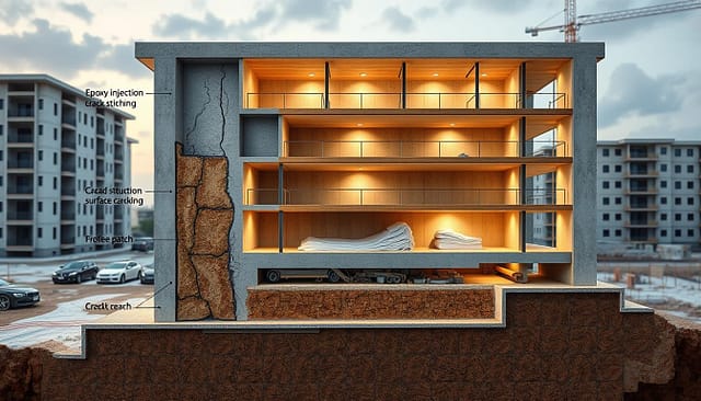 A detailed architectural cross-section showcasing various solutions for cracks and fissures in modern construction. The foreground depicts a range of repair techniques, including epoxy injection, crack stitching, and surface patching, all executed with precision and care. The middle ground features a cutaway view of the building's structure, highlighting the underlying causes of cracking, such as foundation settlement, thermal expansion, and structural stress. The background depicts a softly lit, realistic scene of a new building site, conveying a sense of professional expertise and practical problem-solving. The overall composition is designed to educate and inform, with a focus on technical accuracy and visual clarity, reflecting the "realismo" approach.