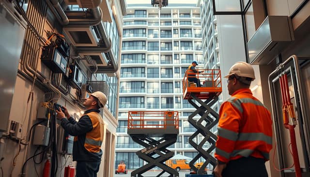A modern, well-equipped maintenance workshop in a large residential condominium. The foreground features a team of skilled technicians closely inspecting a building's electrical systems and HVAC units, using specialized diagnostic tools. In the middle ground, a technician operates a lift, carefully maintaining the facade. The background showcases the condominium's sleek, contemporary architecture, bathed in warm, diffused lighting that creates a sense of professionalism and efficiency. The overall scene conveys a proactive, preventative approach to building maintenance, ensuring the long-term structural integrity and comfort of the residents.