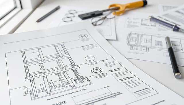 Detailed structural preventive maintenance plan, showing a comprehensive overview of building maintenance procedures. In the foreground, a blueprint or schematic diagram of the building's structural elements, with clearly marked inspection points and repair zones. In the middle ground, technical illustrations of common structural issues like cracks, corrosion, and wear, along with recommended remediation methods. In the background, a clean, minimalist workspace with engineering tools, checklists, and reference materials, conveying a sense of organized professionalism. Muted color palette with sharp contrasts, crisp lines, and an overall technical, engineering-focused aesthetic.