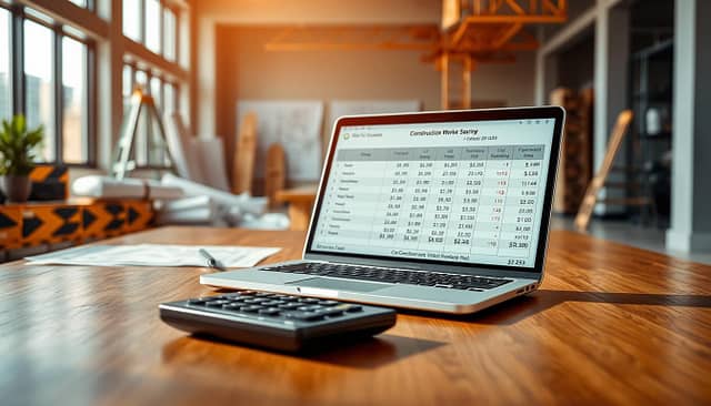 Um escritório espaçoso e moderno com uma mesa de madeira, um laptop e uma calculadora em primeiro plano. No centro, uma planilha aberta na tela do laptop, exibindo cálculos financeiros relacionados aos salários dos operários da construção civil. Ao fundo, plantas arquitetônicas, plantas baixas e equipamentos de construção, remetendo ao contexto da indústria da construção civil. O cenário é bem iluminado, com iluminação natural quente projetando sombras suaves e criando uma atmosfera profissional, porém convidativa.