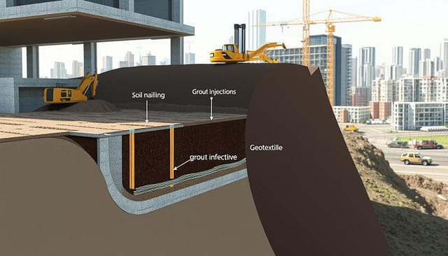 A detailed, technical illustration of soil stabilization techniques used in building foundations. In the foreground, a cross-section of a building's foundation, with different soil reinforcement methods visible, such as soil nailing, grout injections, and geotextile reinforcement. In the middle ground, construction equipment like excavators and piling rigs at work. In the background, a cityscape with partially constructed buildings, conveying the application of these techniques in real-world construction projects. The scene is lit by natural light, with a slightly muted, technical color palette to emphasize the engineering and construction aspects. The perspective is angled to provide a clear, informative view of the foundation and soil stabilization processes.